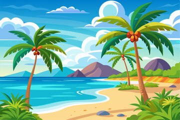 Vibrant vector illustration of a tropical beach with golden sand, turquoise ocean waves, and lush palm trees under a bright blue sky.