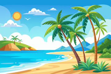 Obraz premium Vibrant vector illustration of a tropical beach with golden sand, turquoise ocean waves, and lush palm trees under a bright blue sky.