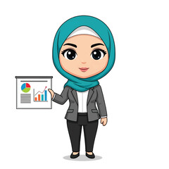 Cartoon businesswoman in hijab presenting data charts.