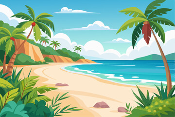 Vibrant vector illustration of a tropical beach with golden sand, turquoise ocean waves, and lush palm trees under a bright blue sky.