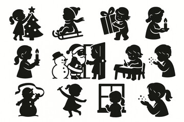 Christmas Child Silhouette Icons, Flat Design Festive Kids Set