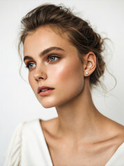 Fototapeta premium close up portrait of woman with natural makeup and soft features, showcasing her elegant hairstyle and expressive eyes.