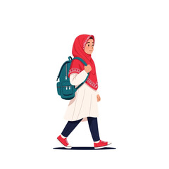 A young girl in a hijab walks with a backpack, going somewhere.