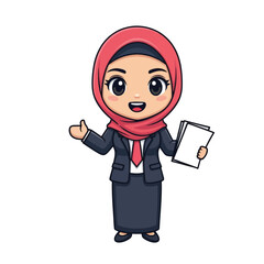 Cartoon illustration of a smiling Muslim woman in a suit and hijab, holding papers and giving a thumbs-up.