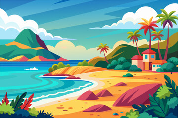 Vibrant vector illustration of a tropical beach with golden sand, turquoise ocean waves, and lush palm trees under a bright blue sky.