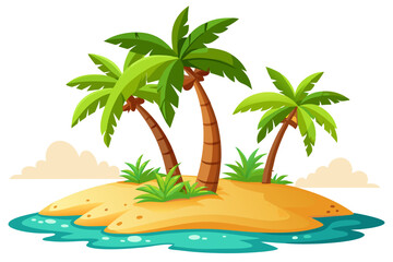 Vibrant vector illustration of a tropical beach with golden sand, turquoise ocean waves, and lush palm trees under a bright blue sky.