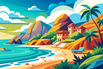Vibrant vector illustration of a tropical beach with golden sand, turquoise ocean waves, and lush palm trees under a bright blue sky.