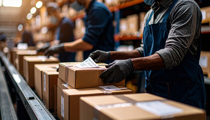 warehouse workers tagging products at warehouse aisle.  Generated Image