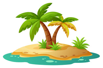 Vibrant vector illustration of a tropical beach with golden sand, turquoise ocean waves, and lush palm trees under a bright blue sky.