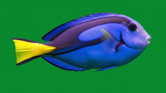 A single blue tang fish with yellow tail swimming against a solid green colored background image