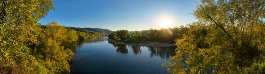 Fototapeta premium Panoramic view of a serene river at sunrise nature hdr 360 degrees landscape