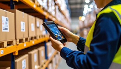 warehouse workers tagging products at warehouse aisle.  Generated Image