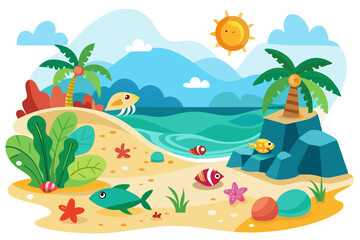 Vibrant vector illustration of a tropical beach with golden sand, turquoise ocean waves, and lush palm trees under a bright blue sky.