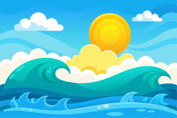 Vibrant vector illustration of a tropical beach with golden sand, turquoise ocean waves, and lush palm trees under a bright blue sky.