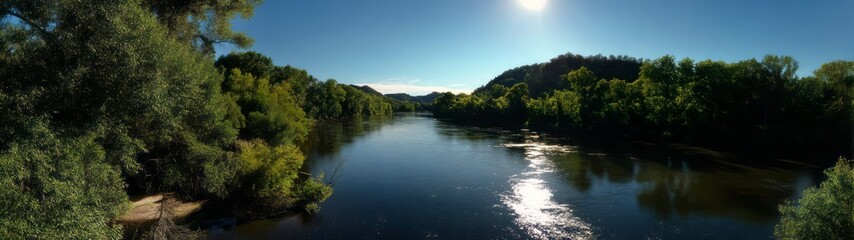 Scenic river view nature hdr panoramic 360 degrees landscape bright sunny day