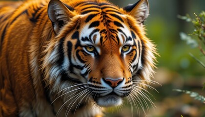 Fototapeta premium Majestic Tiger Portrait: A Close-Up Encounter with Nature's Apex Predator