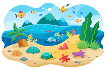 Vibrant vector illustration of a tropical beach with golden sand, turquoise ocean waves, and lush palm trees under a bright blue sky.