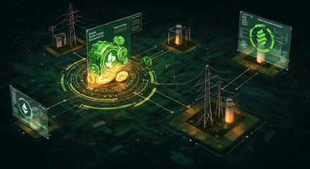 Digital illustration of energy transmission infrastructure with glowing green circuit elements, power lines, and financial charts displayed on futuristic screens