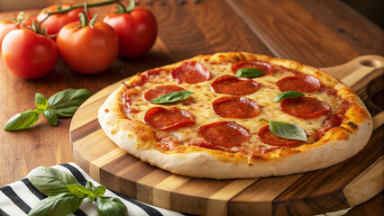 Pepperoni pizza is displayed on a wooden board, capturing its delicious and inviting appearance, with salami and tomatoes