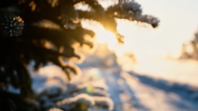 Enchanting winter scenery: Golden sunlight glistening through frozen spruce branches