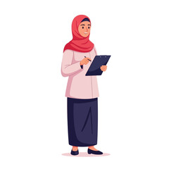 A Muslim woman in a hijab diligently takes notes on a clipboard.