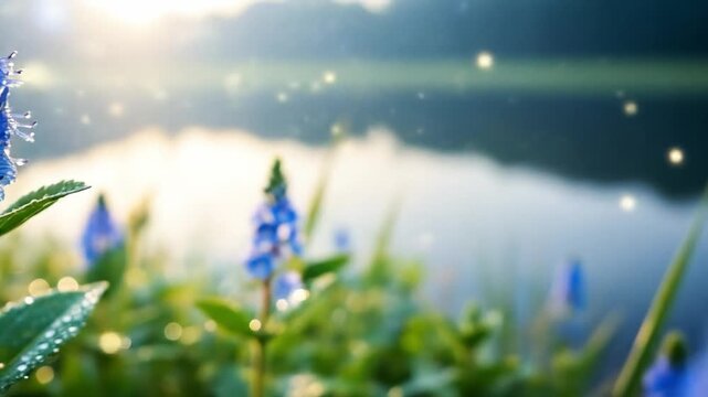 Beautiful Blue Veronica Flowers Blooming Near a Lake on a Sunny Morning