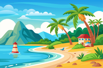 Vibrant vector illustration of a tropical beach with golden sand, turquoise ocean waves, and lush palm trees under a bright blue sky.