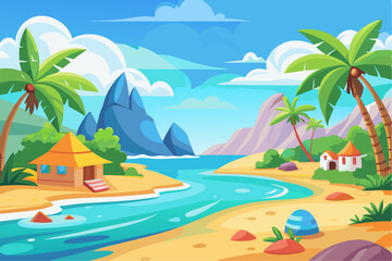 Vibrant vector illustration of a tropical beach with golden sand, turquoise ocean waves, and lush palm trees under a bright blue sky.