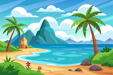 Vibrant vector illustration of a tropical beach with golden sand, turquoise ocean waves, and lush palm trees under a bright blue sky.