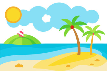 Vibrant vector illustration of a tropical beach with golden sand, turquoise ocean waves, and lush palm trees under a bright blue sky.