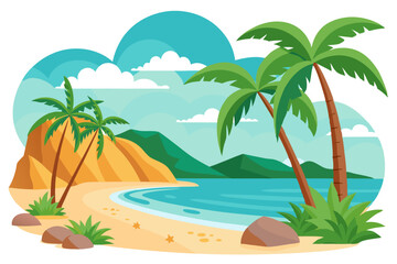 Vibrant vector illustration of a tropical beach with golden sand, turquoise ocean waves, and lush palm trees under a bright blue sky.
