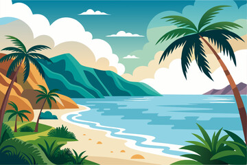 Vibrant vector illustration of a tropical beach with golden sand, turquoise ocean waves, and lush palm trees under a bright blue sky.