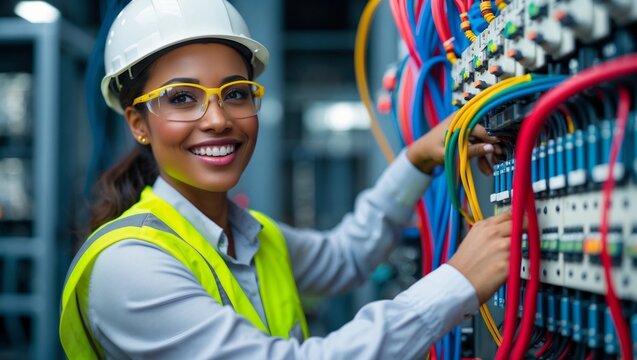 Smiling female electrical engineer wearing safety gear working on industrial control panel with colorful wiring