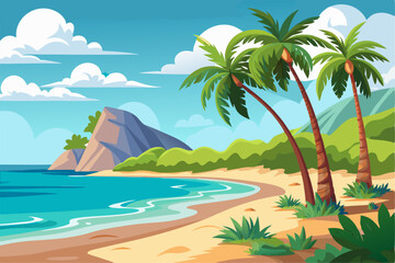 Vibrant vector illustration of a tropical beach with golden sand, turquoise ocean waves, and lush palm trees under a bright blue sky.