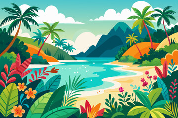 Vibrant vector illustration of a tropical beach with golden sand, turquoise ocean waves, and lush palm trees under a bright blue sky.