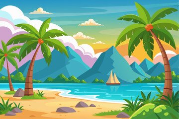 Vibrant vector illustration of a tropical beach with golden sand, turquoise ocean waves, and lush palm trees under a bright blue sky.