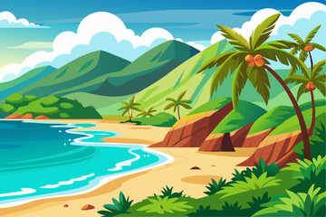 Vibrant vector illustration of a tropical beach with golden sand, turquoise ocean waves, and lush palm trees under a bright blue sky.