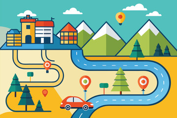 Colorful Roadmap Illustration With Navigation Markers and Scenic Landscape