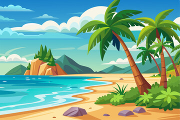 Vibrant vector illustration of a tropical beach with golden sand, turquoise ocean waves, and lush palm trees under a bright blue sky.
