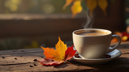 A steaming cup of coffee on a wooden table surrounded by scattered autumn leaves in shades of orange, red, and yellow, with soft morning light casting warm shadows, creating a cozy fall morning vibe.