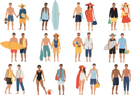 Diverse group of men and women in stylish summer beachwear and casual outfits enjoying a vacation together
