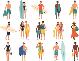 Diverse group of people enjoying summer beach activities with surfboards and beach accessories in a vibrant illustration