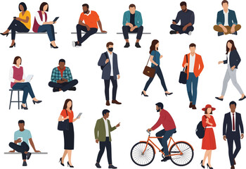 Diverse group of people in various casual poses and activities representing modern urban life and community engagement