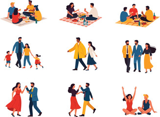 Fototapeta premium Diverse group of people enjoying various outdoor activities and social gatherings in a flat design style
