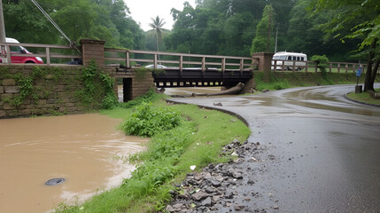 The road and bridge washed out and destroyed after the heavy rain and flood