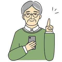 Illustration of an elderly man smiling and explaining while holding a mobile phone