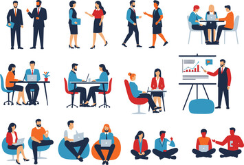 Diverse group of people in various business and casual settings collaborating and interacting in a modern flat illustration style
