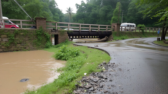 The road and bridge washed out and destroyed after the heavy rain and flood
