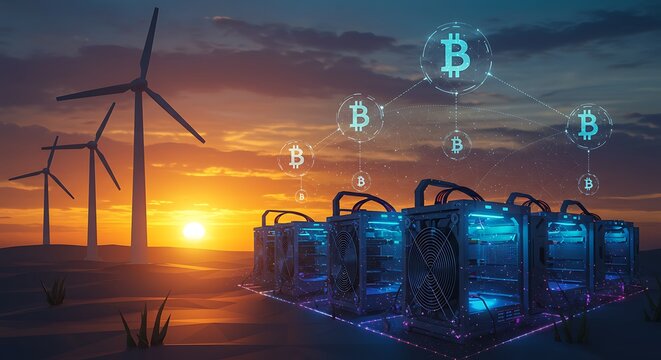 Renewable Energy Powers Digital Currency Mining Wind Turbines Fueling High-Tech Server Rigs, Illustrating Sustainable Blockchain Technology and Green Computing Solutions