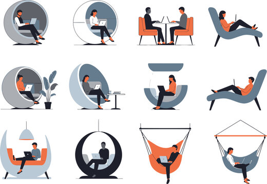 Modern people relaxing and working in unique contemporary furniture pods chairs and hammocks